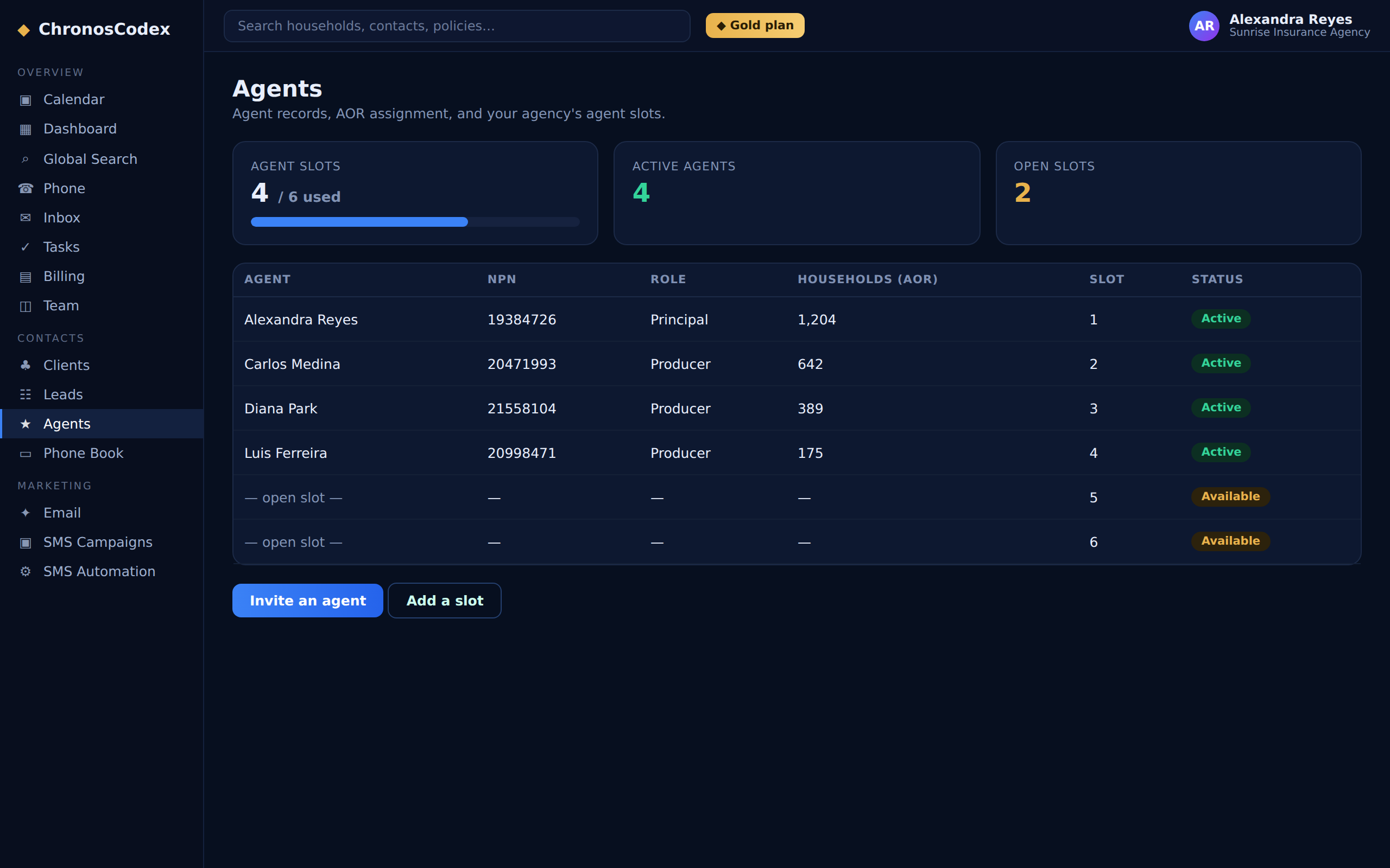 The Agents page with agent slots